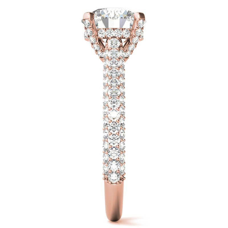 Round Pave Moissanite Cathedral Engagement Ring with Hidden Halo