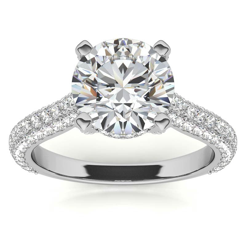 Round Pave Moissanite Cathedral Engagement Ring with Hidden Halo