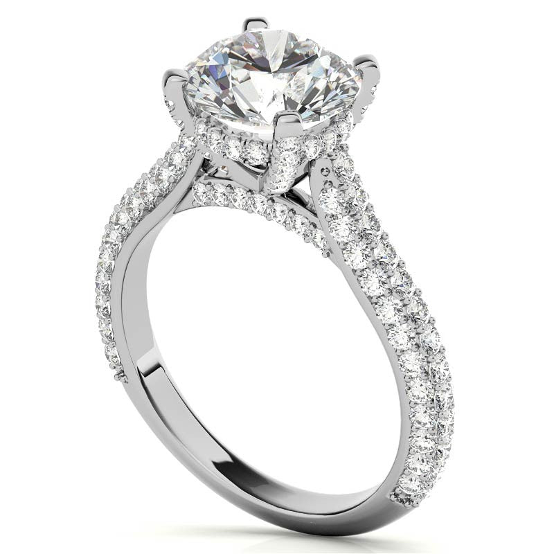 Round Pave Moissanite Cathedral Engagement Ring with Hidden Halo