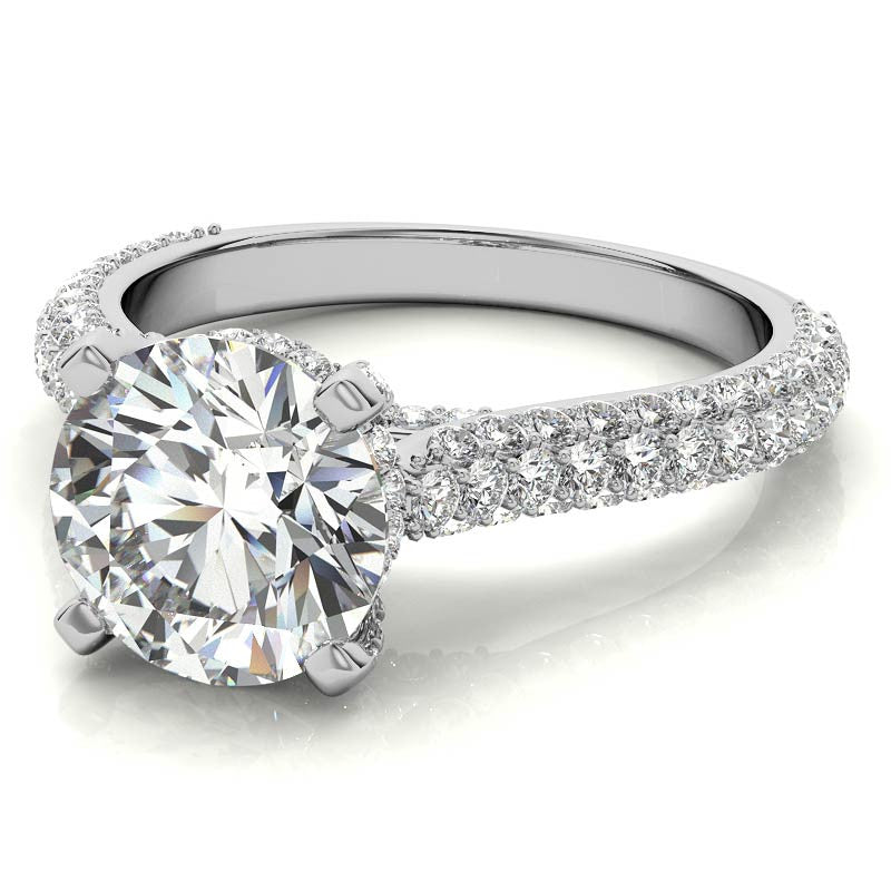 Round Pave Moissanite Cathedral Engagement Ring with Hidden Halo