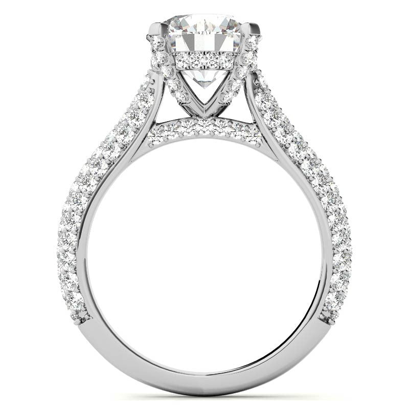 Round Pave Moissanite Cathedral Engagement Ring with Hidden Halo
