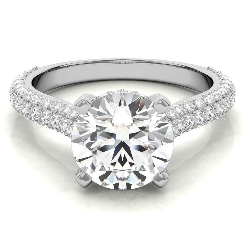 Round Pave Moissanite Cathedral Engagement Ring with Hidden Halo