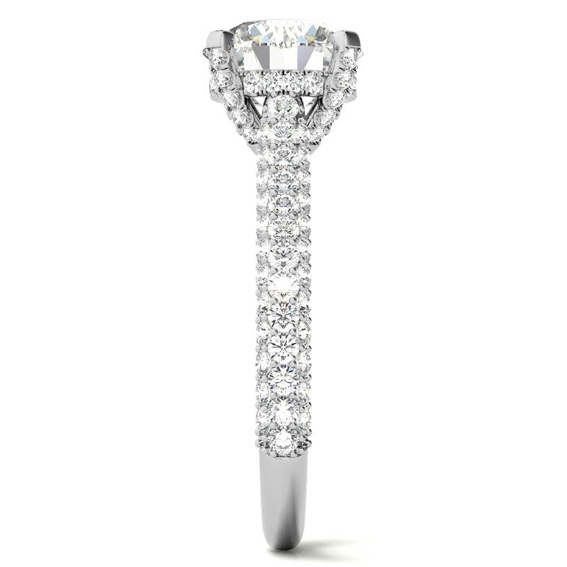Round Pave Moissanite Cathedral Engagement Ring with Hidden Halo