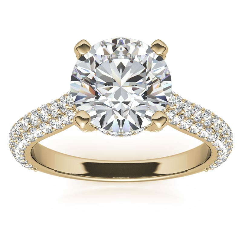 Round Pave Moissanite Cathedral Engagement Ring with Hidden Halo