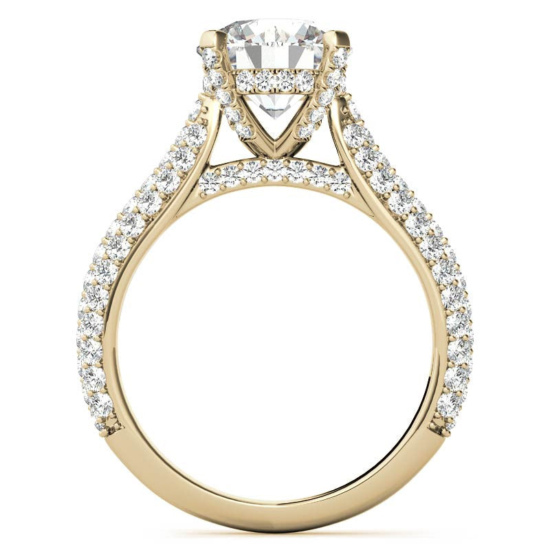Round Pave Moissanite Cathedral Engagement Ring with Hidden Halo