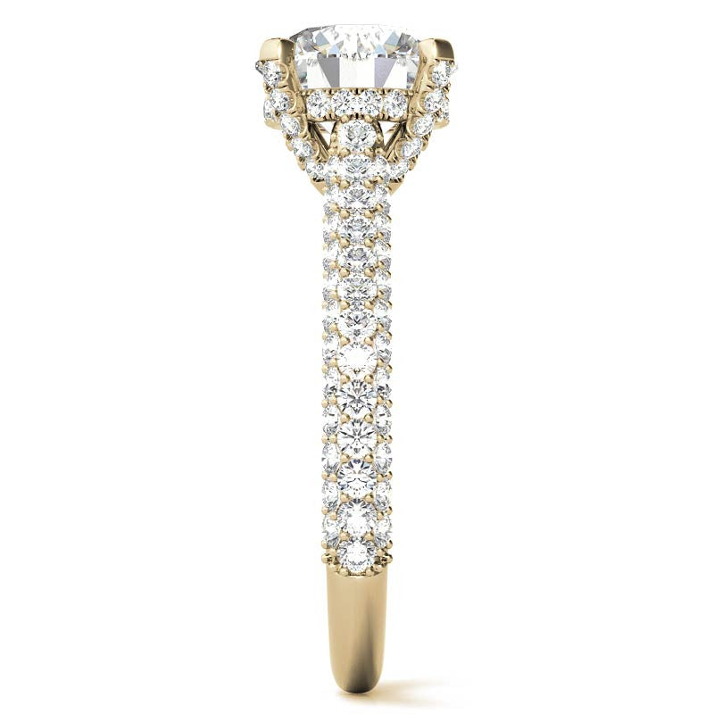 Round Pave Moissanite Cathedral Engagement Ring with Hidden Halo