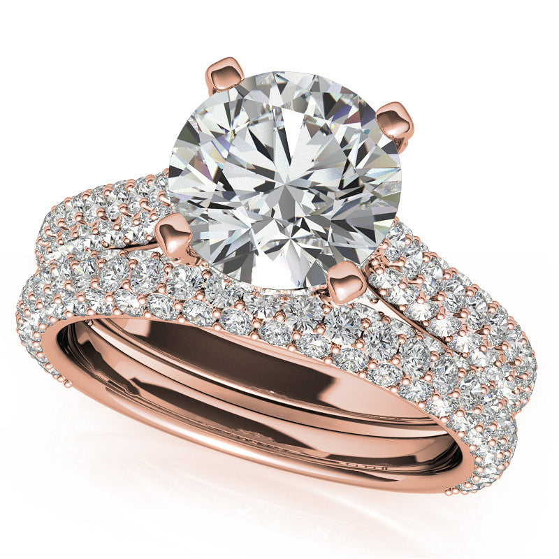 Round Pave Moissanite Cathedral Engagement Ring with Hidden Halo
