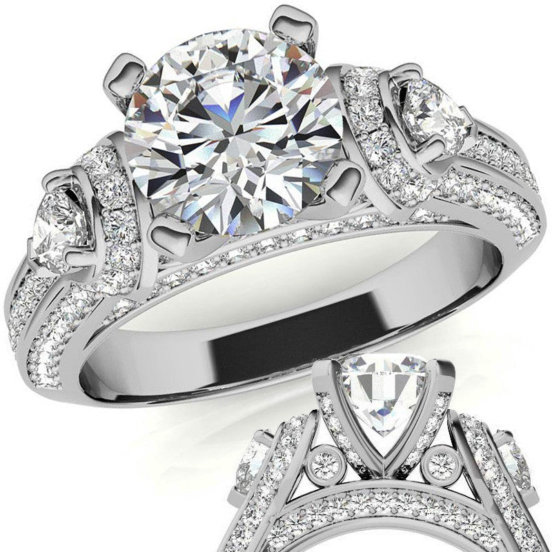Round and Pear Moissanite 3-Stone Ornate Engagement Ring