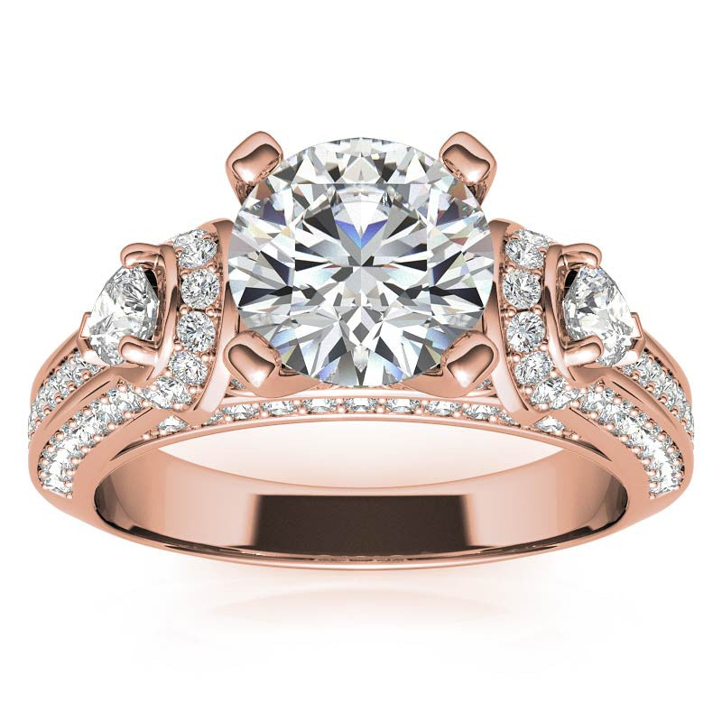 Round and Pear Moissanite 3-Stone Ornate Engagement Ring