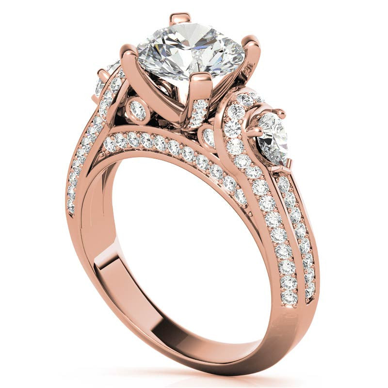 Round and Pear Moissanite 3-Stone Ornate Engagement Ring