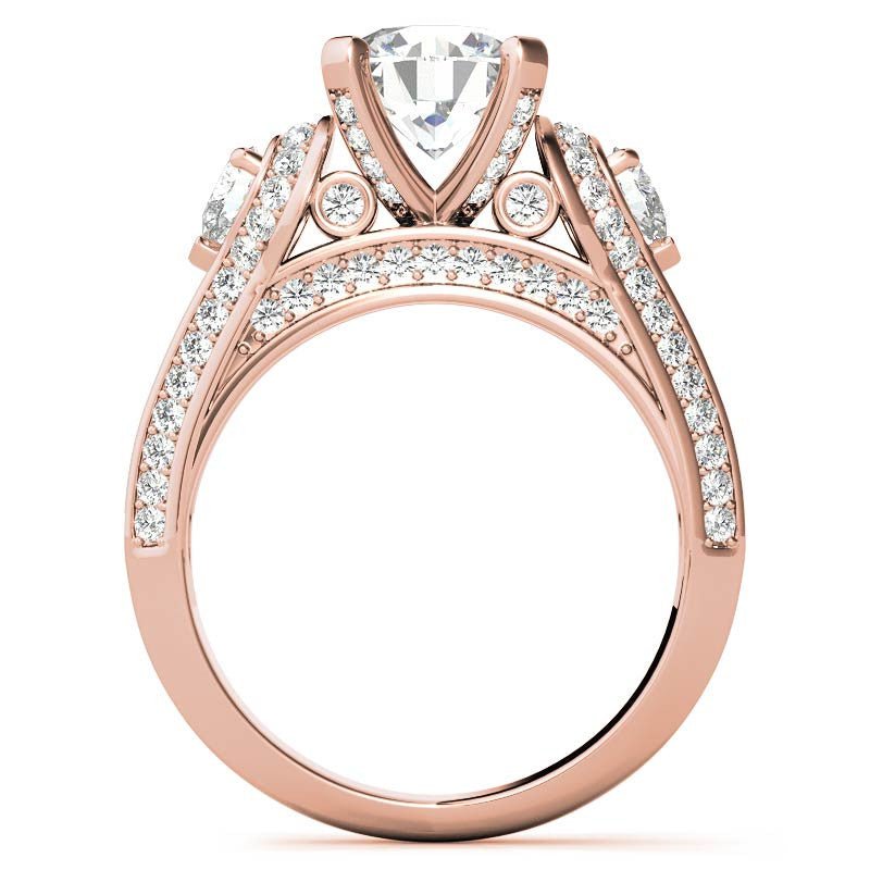 Round and Pear Moissanite 3-Stone Ornate Engagement Ring