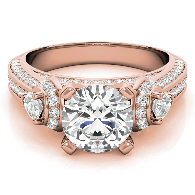 Round and Pear Moissanite 3-Stone Ornate Engagement Ring