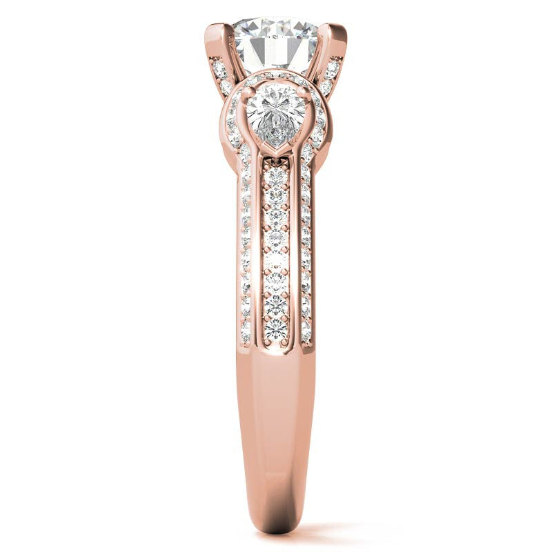 Round and Pear Moissanite 3-Stone Ornate Engagement Ring