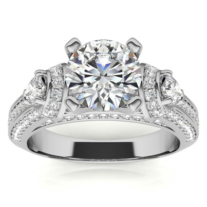 Round and Pear Moissanite 3-Stone Ornate Engagement Ring