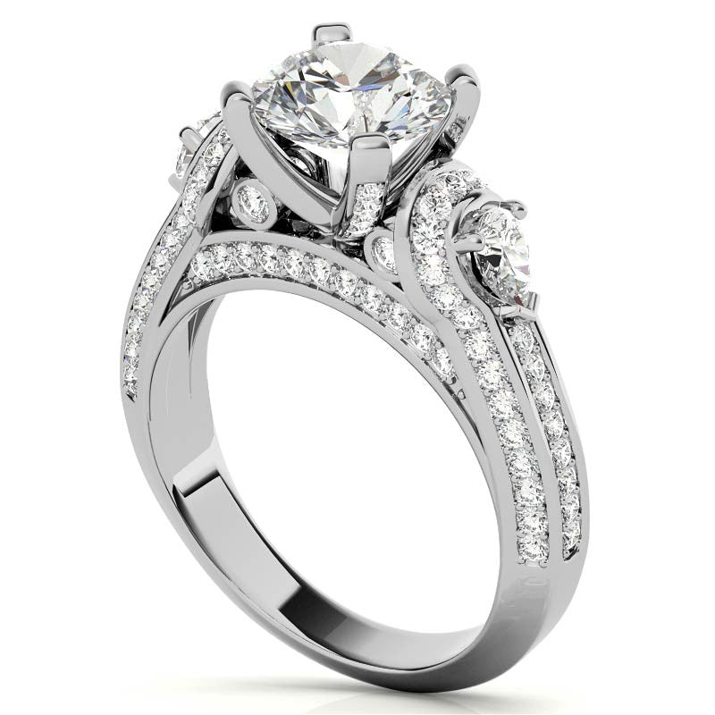 Round and Pear Moissanite 3-Stone Ornate Engagement Ring