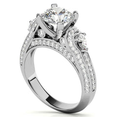 Round and Pear Moissanite 3-Stone Ornate Engagement Ring