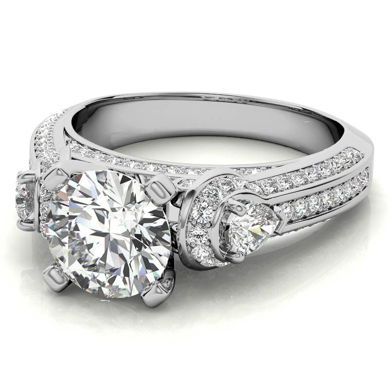 Round and Pear Moissanite 3-Stone Ornate Engagement Ring