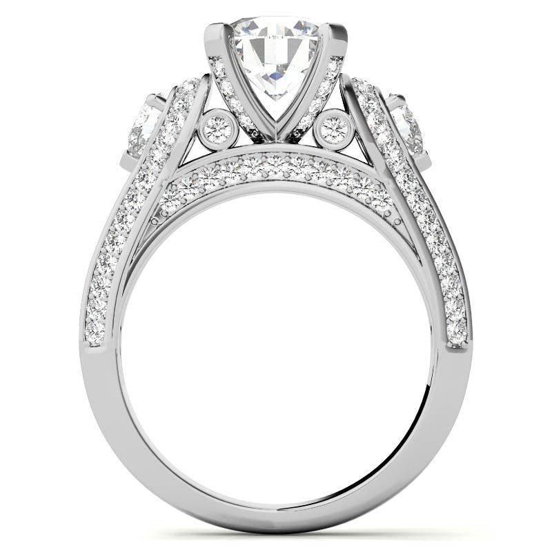 Round and Pear Moissanite 3-Stone Ornate Engagement Ring