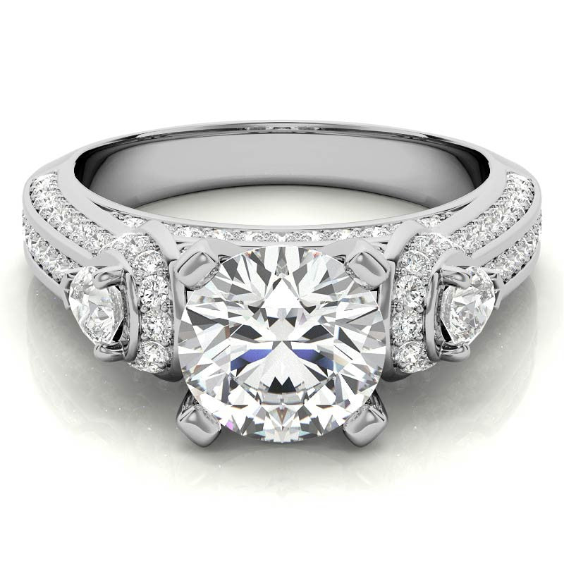 Round and Pear Moissanite 3-Stone Ornate Engagement Ring