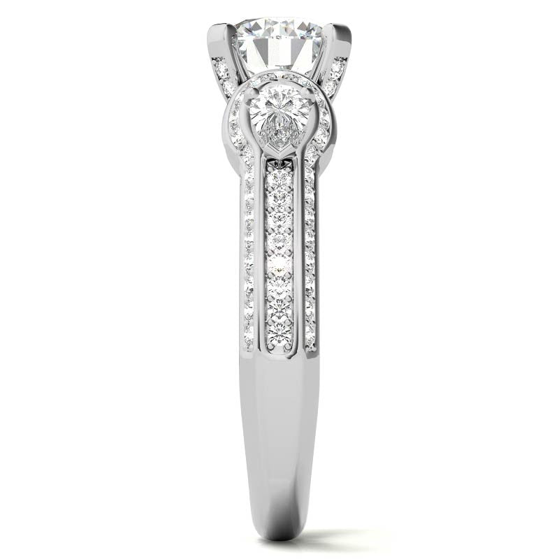 Round and Pear Moissanite 3-Stone Ornate Engagement Ring