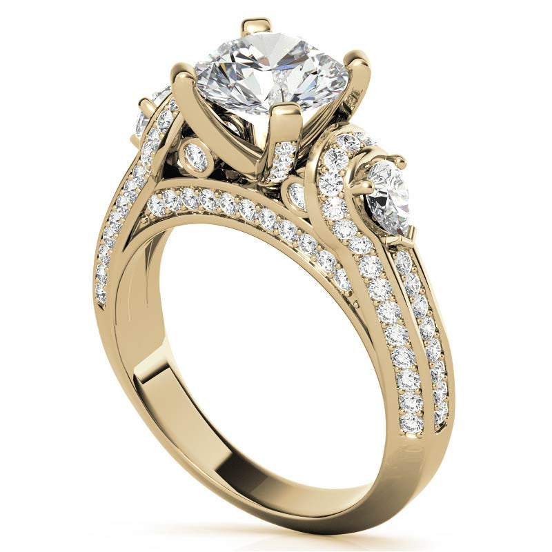 Round and Pear Moissanite 3-Stone Ornate Engagement Ring