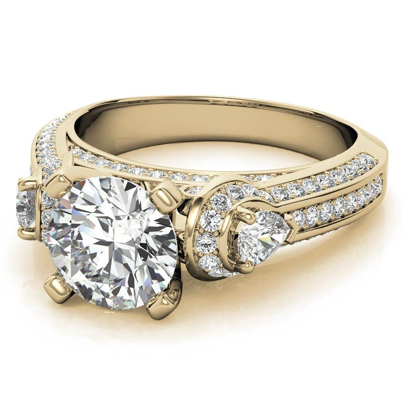 Round and Pear Moissanite 3-Stone Ornate Engagement Ring