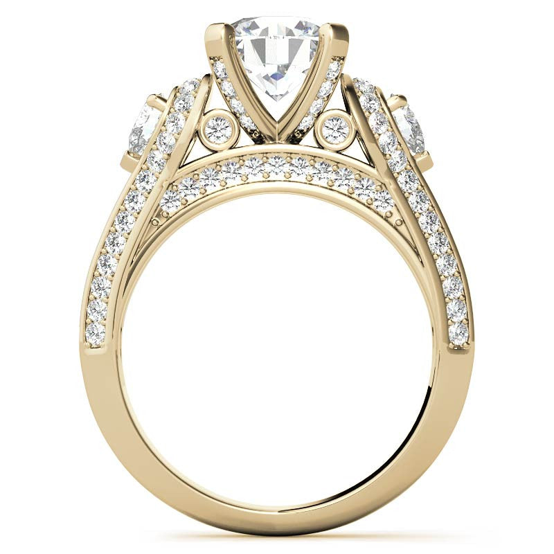 Round and Pear Moissanite 3-Stone Ornate Engagement Ring