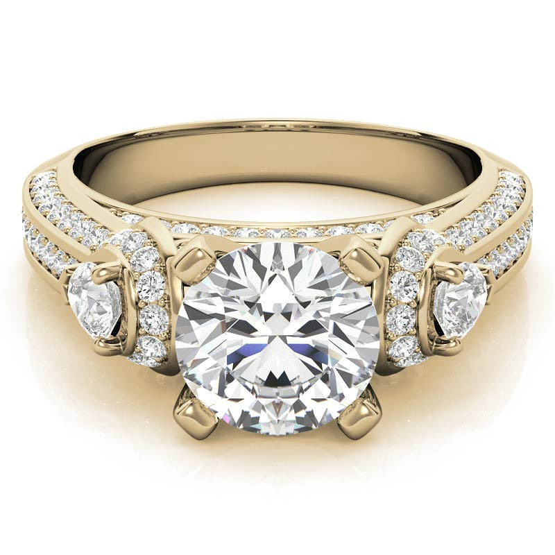 Round and Pear Moissanite 3-Stone Ornate Engagement Ring