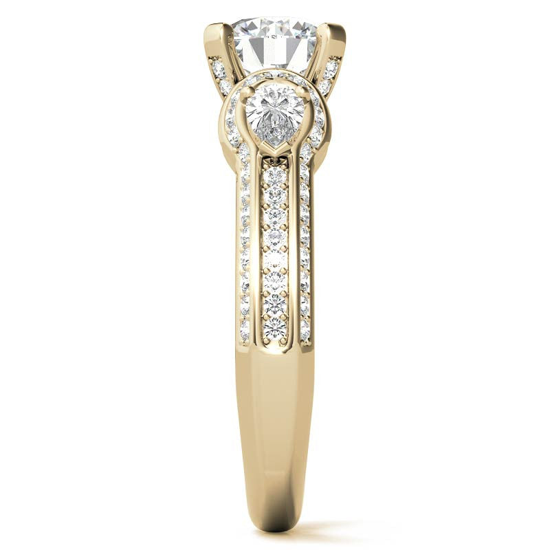 Round and Pear Moissanite 3-Stone Ornate Engagement Ring