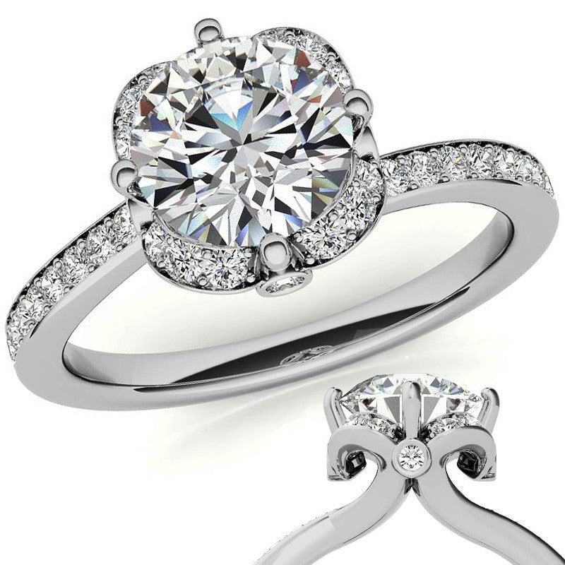 Round Bypass Floral Halo Moissanite Engagement Ring