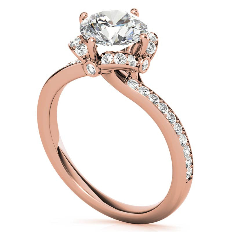 Round Bypass Floral Halo Moissanite Engagement Ring