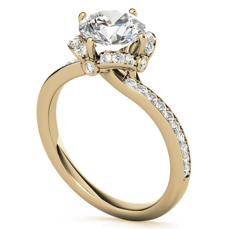 Round Bypass Floral Halo Moissanite Engagement Ring