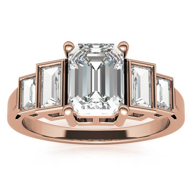 Unique Emerald / Radiant and Baguette Moissanite Bezel Engagement Ring