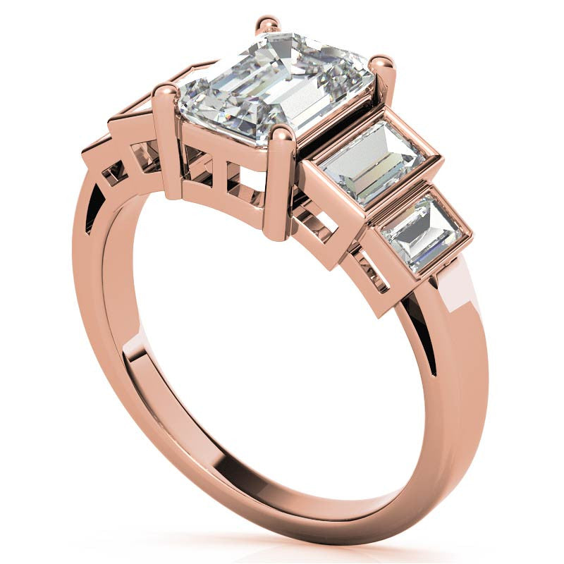 Unique Emerald / Radiant and Baguette Moissanite Bezel Engagement Ring