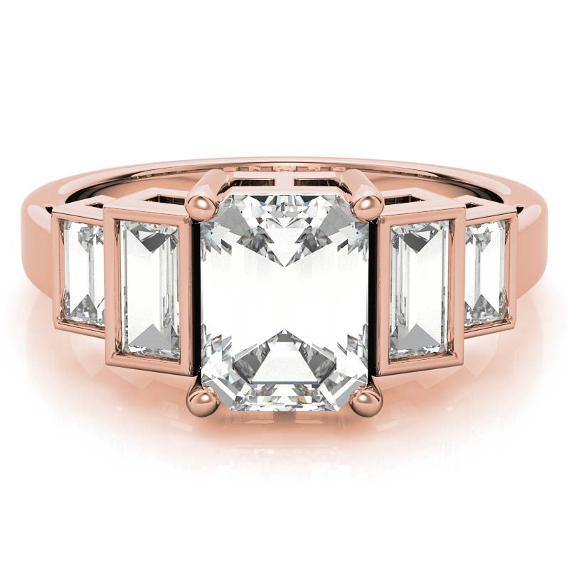 Unique Emerald / Radiant and Baguette Moissanite Bezel Engagement Ring