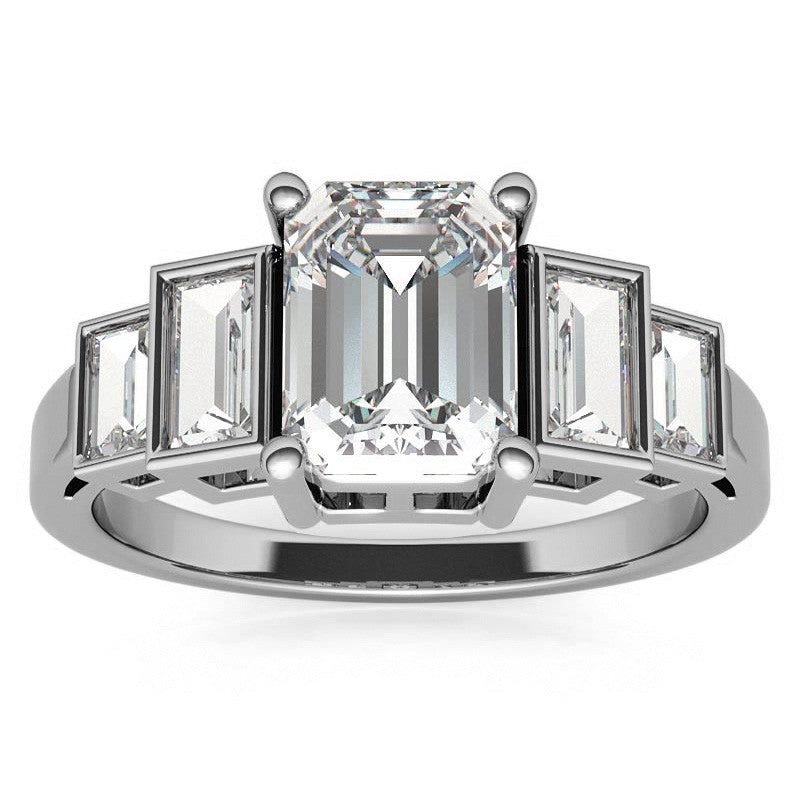 Unique Emerald / Radiant and Baguette Moissanite Bezel Engagement Ring