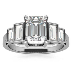 Unique Emerald / Radiant and Baguette Moissanite Bezel Engagement Ring