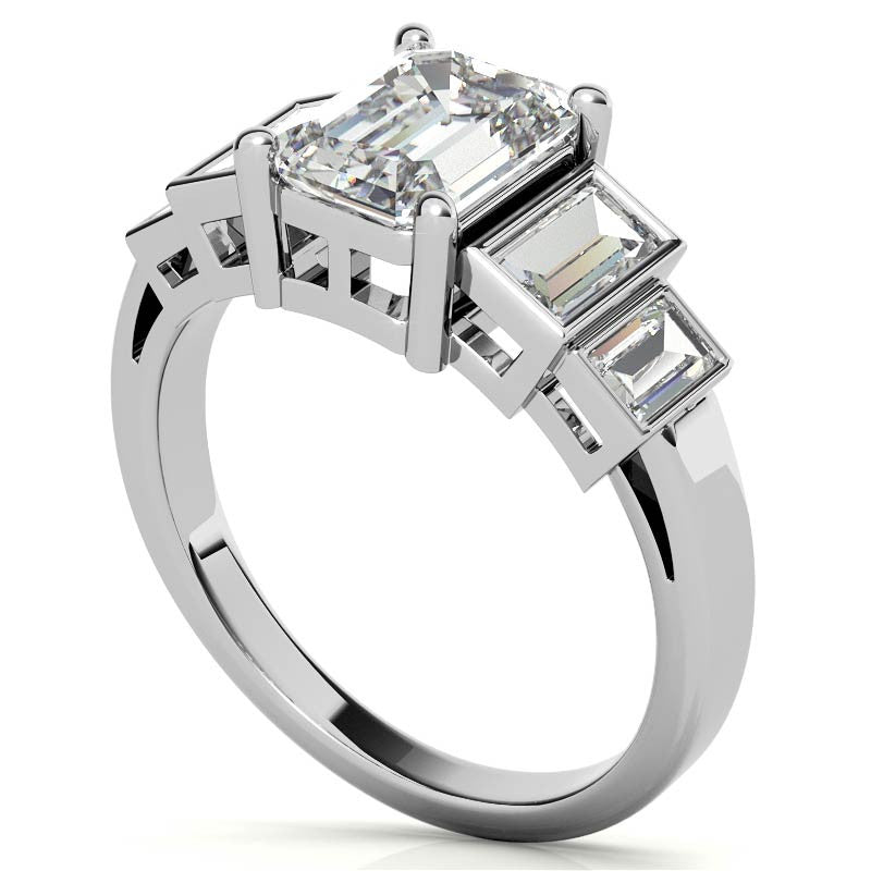 Unique Emerald / Radiant and Baguette Moissanite Bezel Engagement Ring