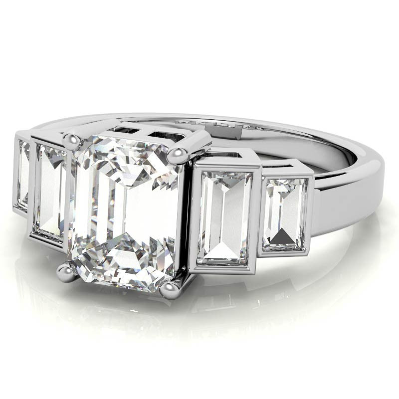 Unique Emerald / Radiant and Baguette Moissanite Bezel Engagement Ring