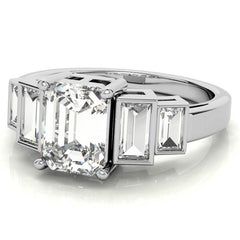 Unique Emerald / Radiant and Baguette Moissanite Bezel Engagement Ring
