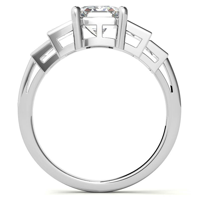 Unique Emerald / Radiant and Baguette Moissanite Bezel Engagement Ring