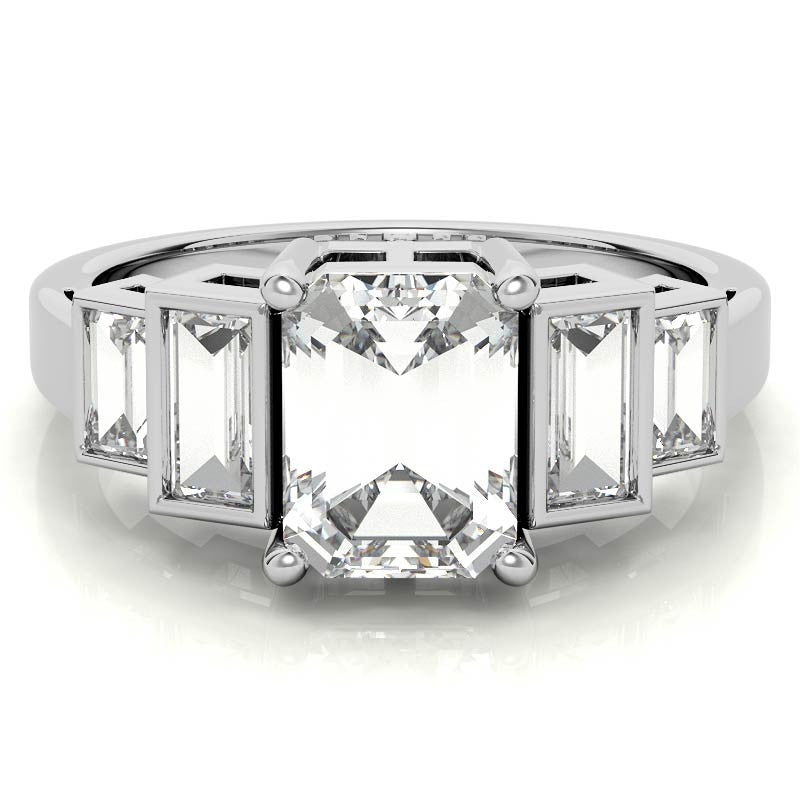 Unique Emerald / Radiant and Baguette Moissanite Bezel Engagement Ring