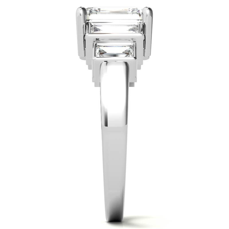 Unique Emerald / Radiant and Baguette Moissanite Bezel Engagement Ring