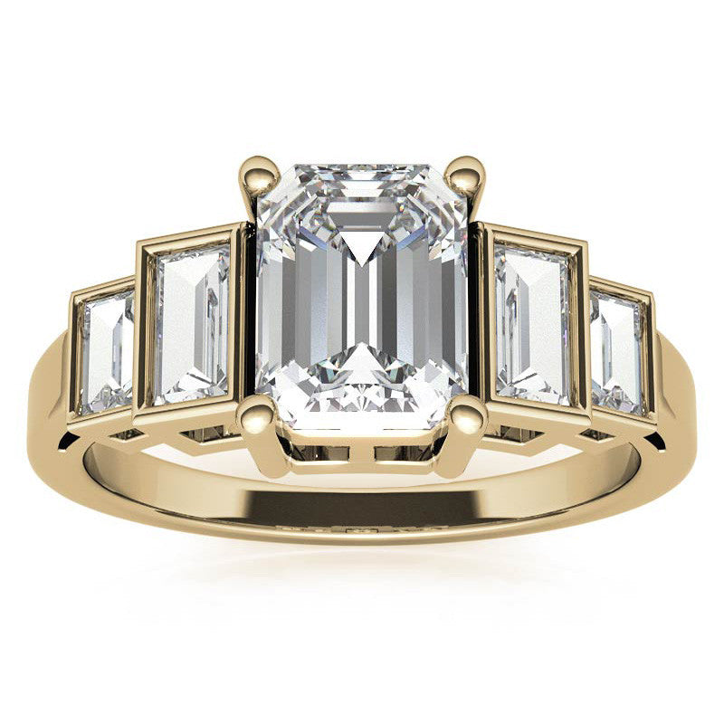 Unique Emerald / Radiant and Baguette Moissanite Bezel Engagement Ring