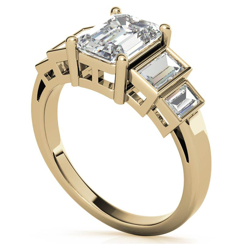 Unique Emerald / Radiant and Baguette Moissanite Bezel Engagement Ring