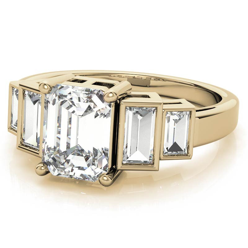 Unique Emerald / Radiant and Baguette Moissanite Bezel Engagement Ring