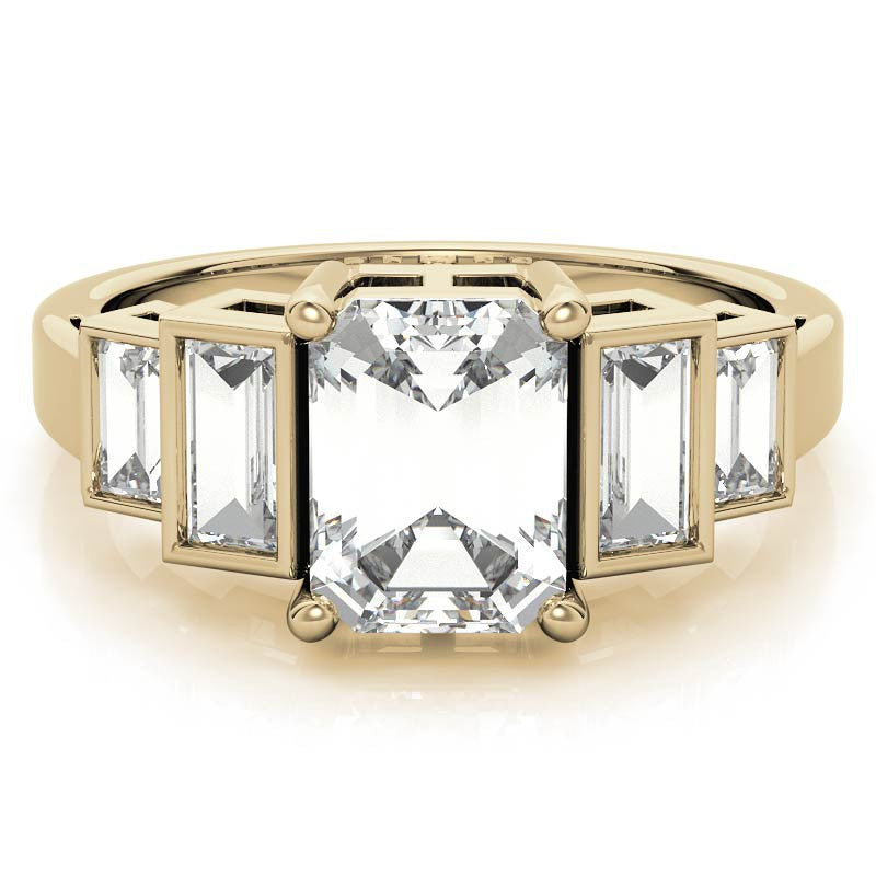 Unique Emerald / Radiant and Baguette Moissanite Bezel Engagement Ring