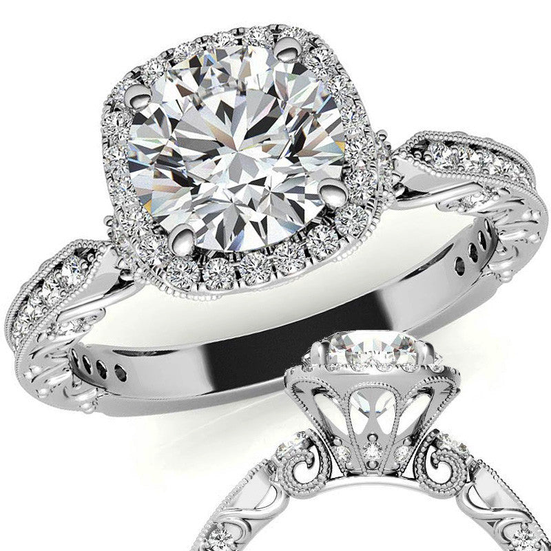 Round Antique Style Moissanite Engagement Ring with Milgrain