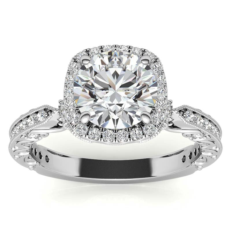 Round Antique Style Moissanite Engagement Ring with Milgrain