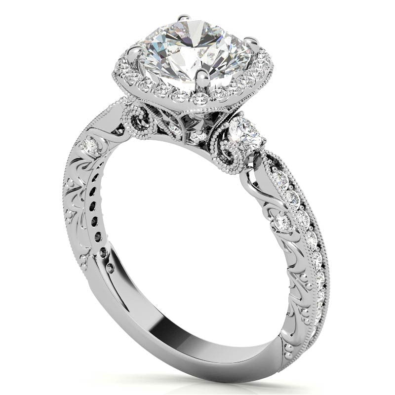 Round Antique Style Moissanite Engagement Ring with Milgrain